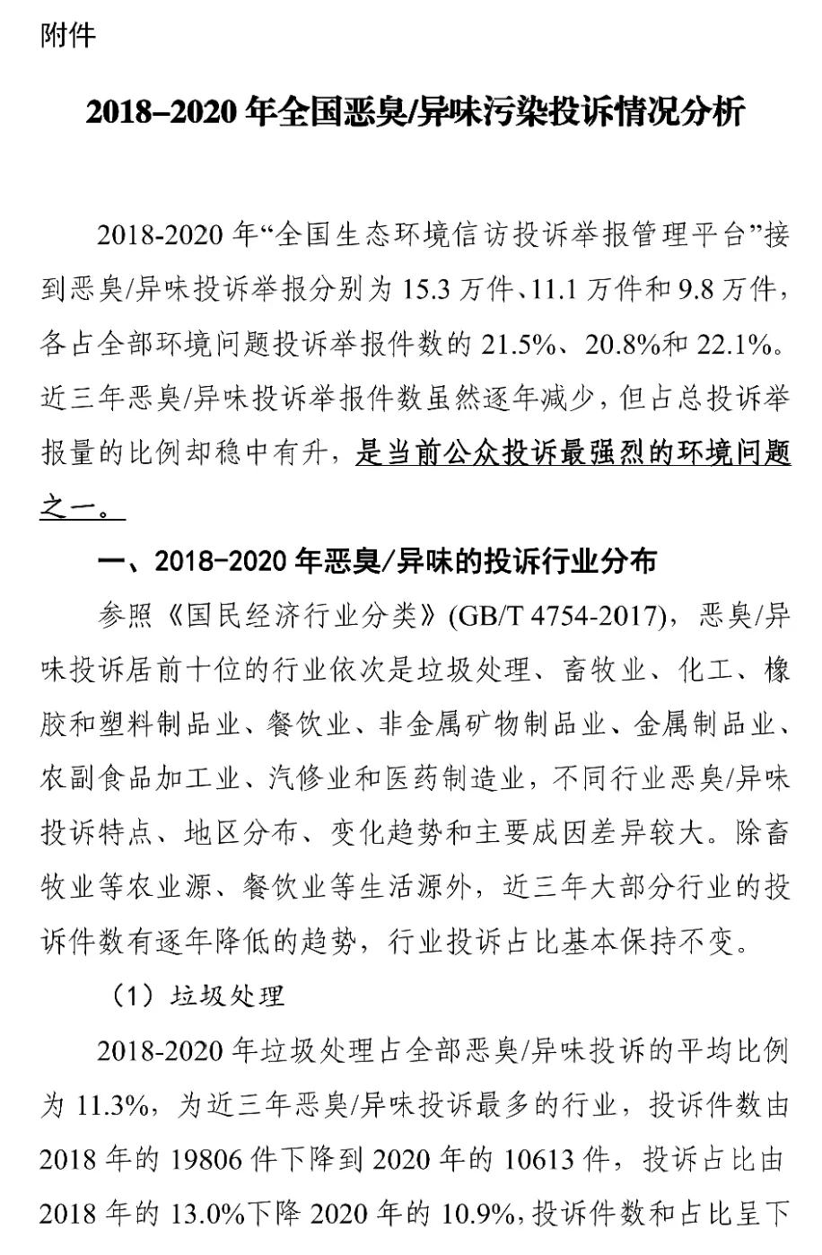 國家生態環境部關于印發《2018-2020年全國惡臭/異味污染投訴情況分析》報告 國家生態環境部關于印發《2018-2020年全國惡臭/異味污染投訴情況分析》報告